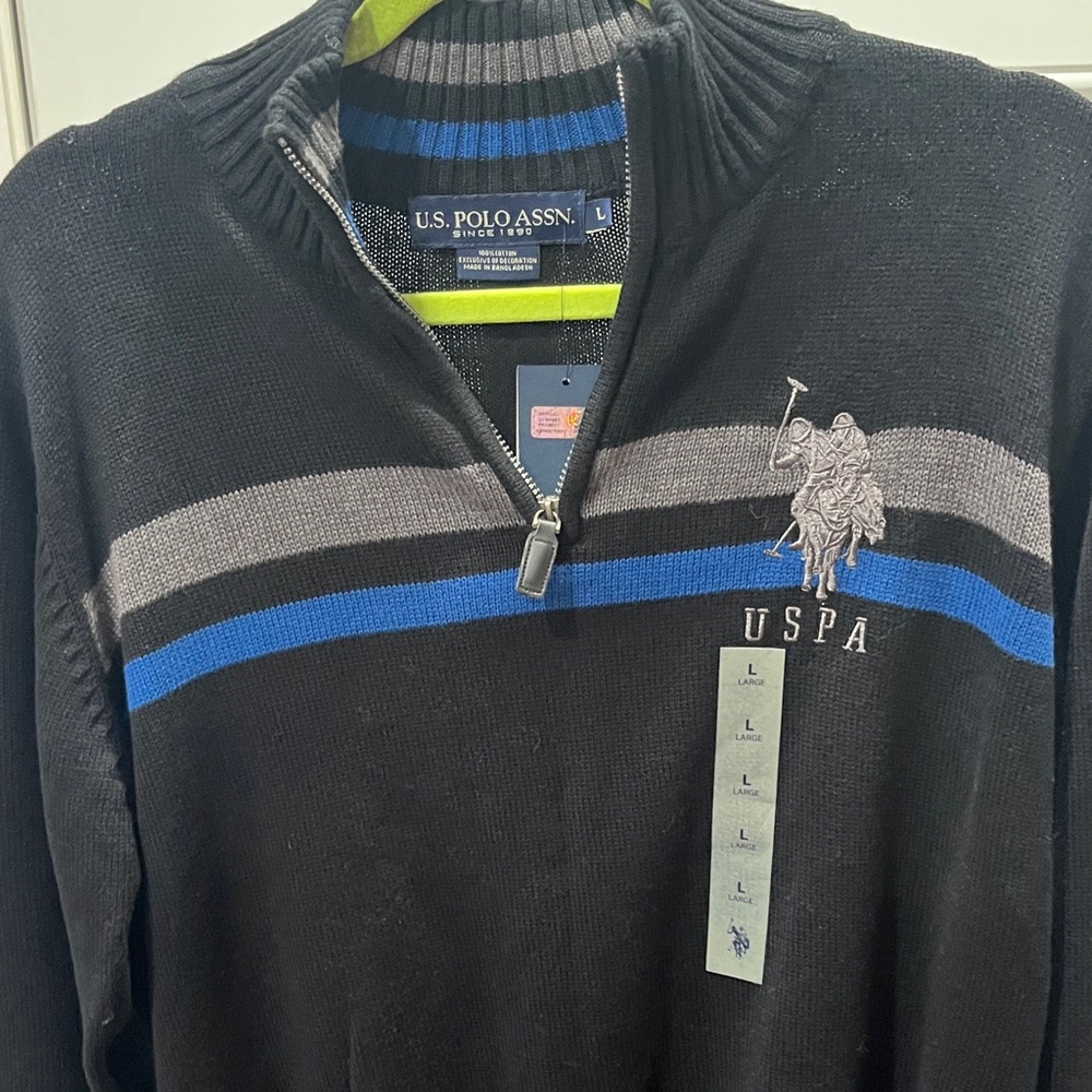 U.S. Polo Assn. Men's Black Sweater with Blue and Gray Stripes - Picture 3 of 5